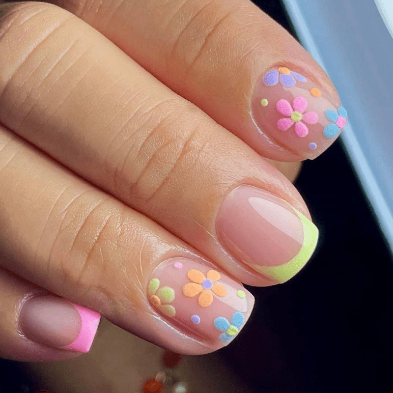 48 Pcs Pastel Floral Color French Short Square Press on Nails, Soft Fake Nails