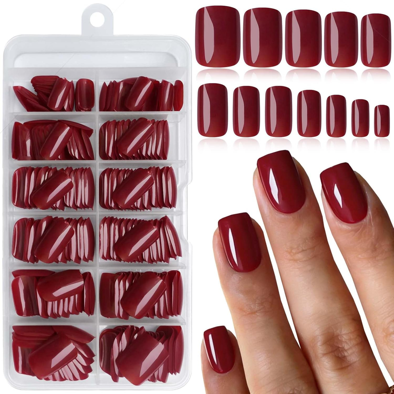 240pc Deep Red Press on Nails Short Fake Nails Square Presson Nail Tips, Glue on
