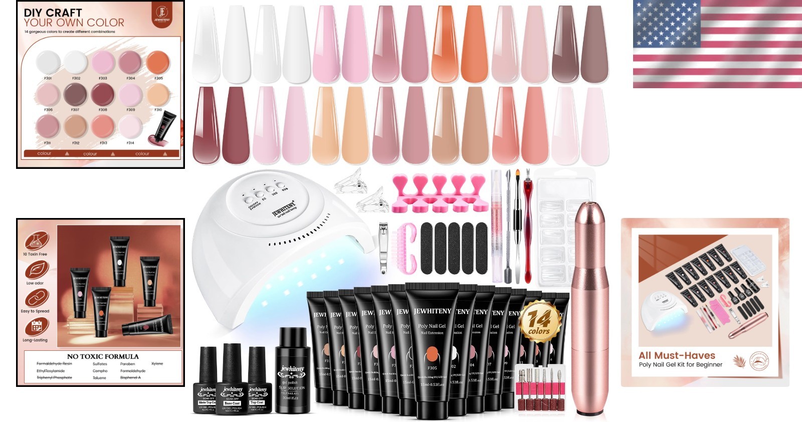 All-in-One 14 Color Poly Gel Nail Kit with Drill & Lamp – Effortless Nail Art