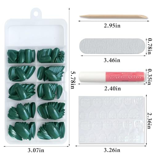 Short Press on Nails Almond Fake Nails, 240 Round Almond Press on Emerald Green