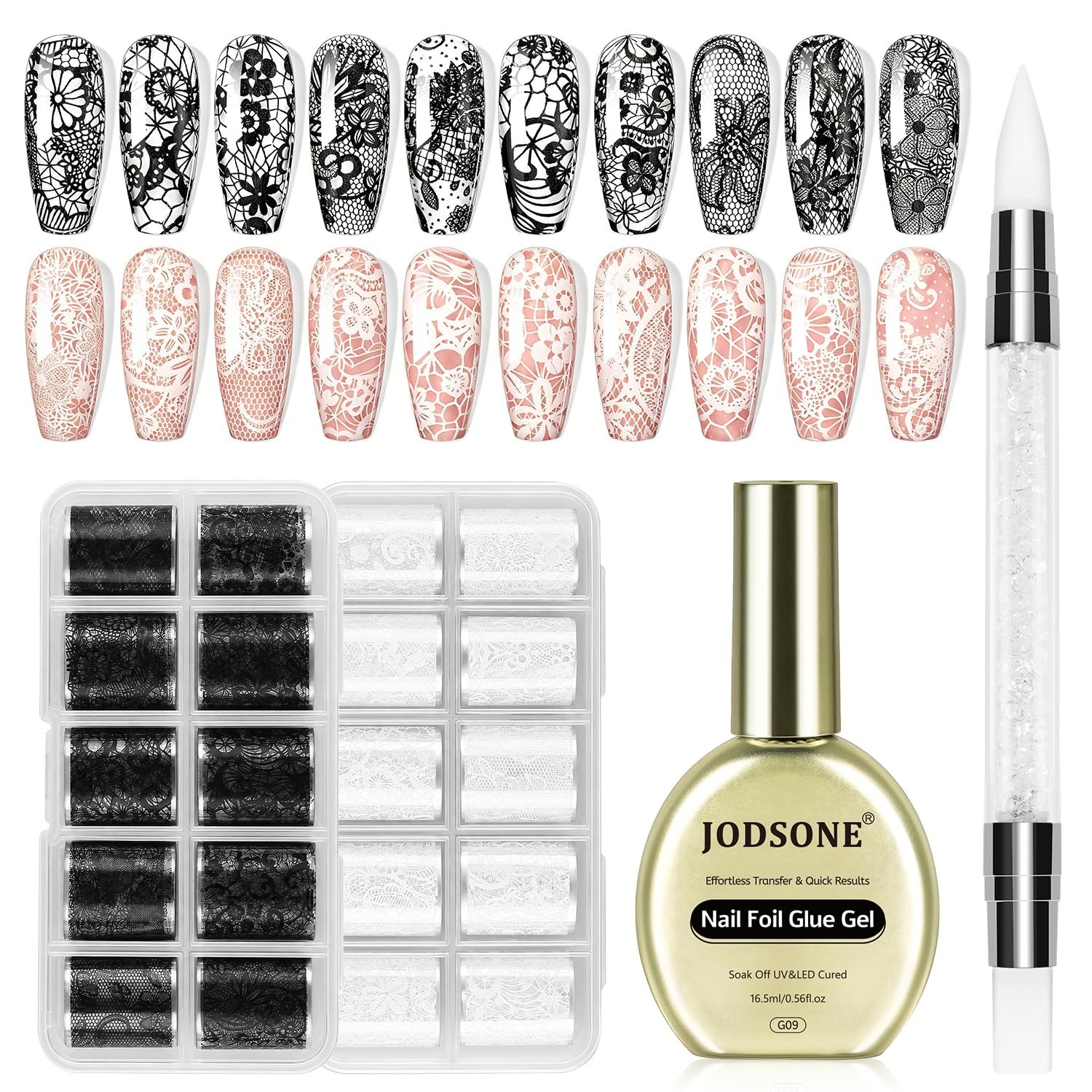 Lace Nail Foil Transfer Kit – 16.5ml Glue, 20 Rolls Black & White Foils, DIY Nai
