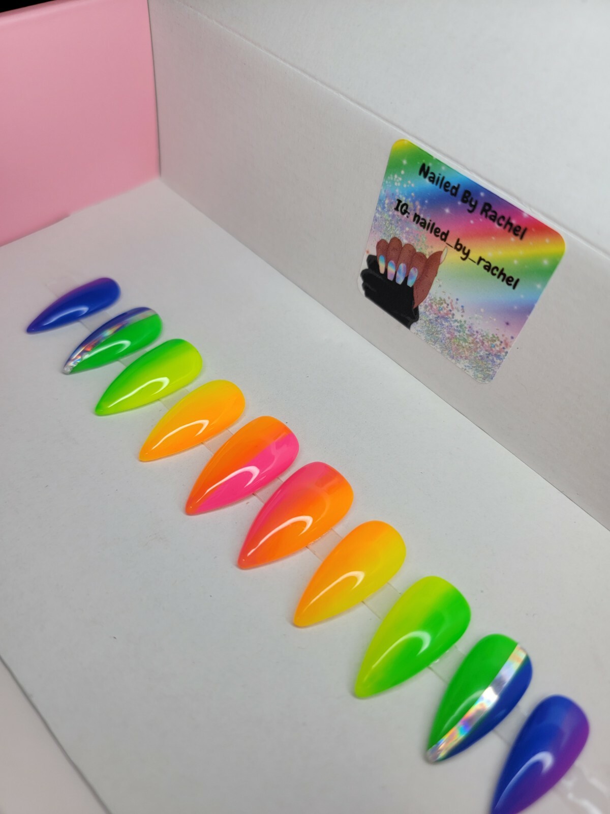 Neon Rainbow ombre nails bling medium stiletto PRESS ON NAILS pride summer nail