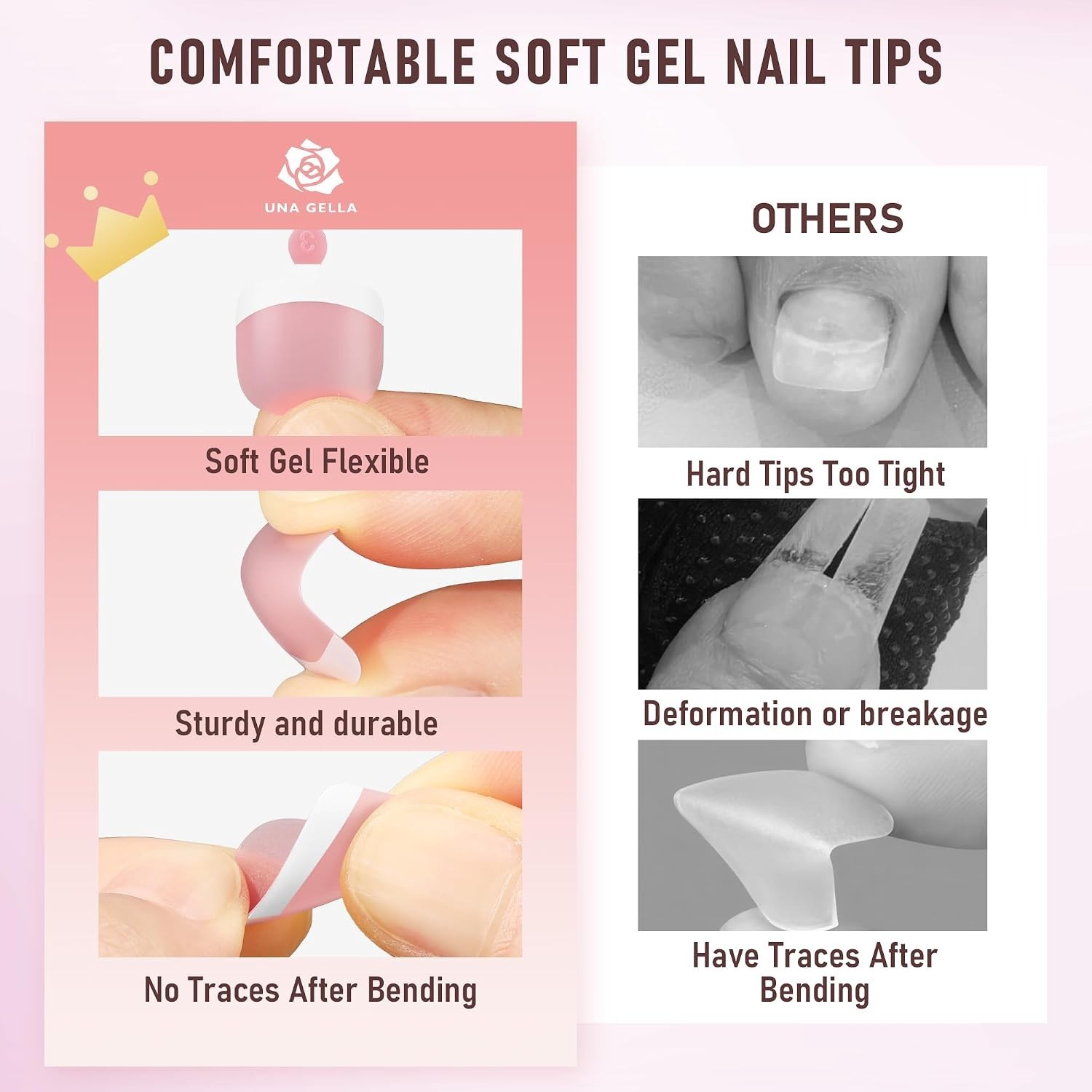 UNA GELLA Toe Nail Press Ons 216pcs Peach Pink French Tip Soft Gel 12 Sizes DIY