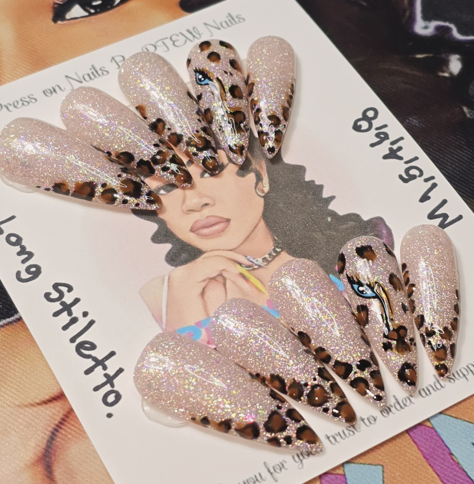Handmade Press On Nails,Cheetah Nails Design,Medium Size 1,5,4,6,8Long Stiletto