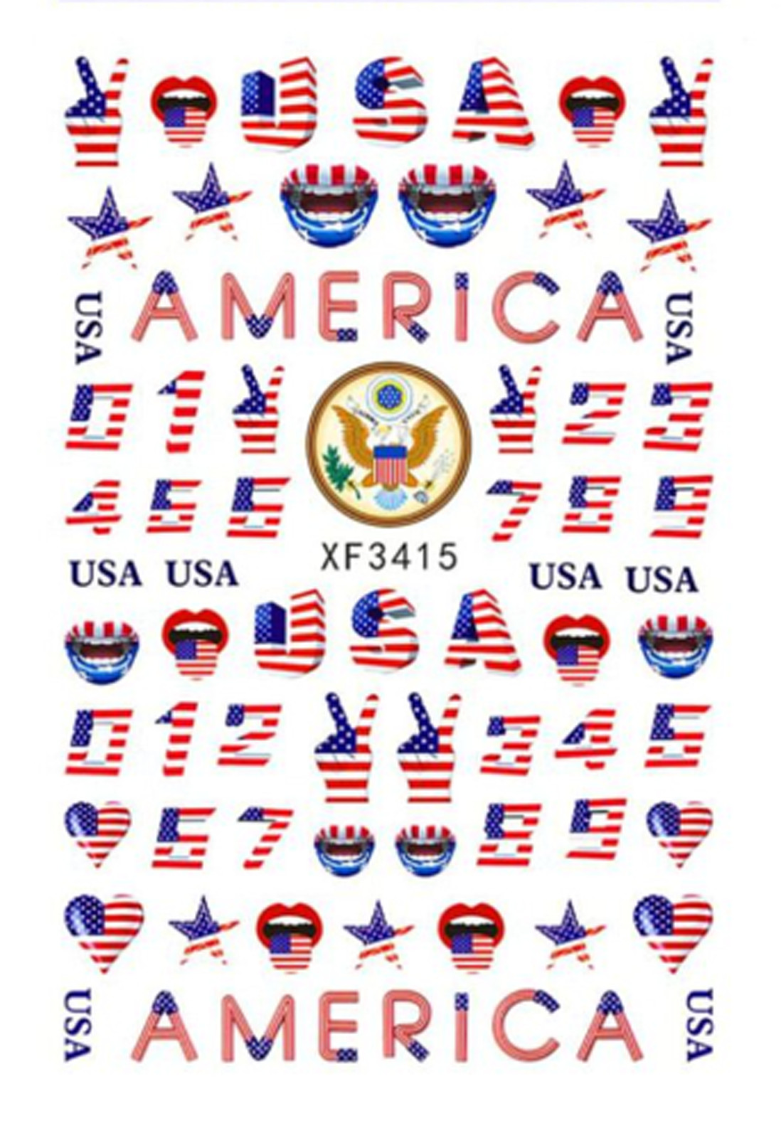 Nail Art 3D Decal Stickers beautiful American flag lip star USA butterfly XF3415