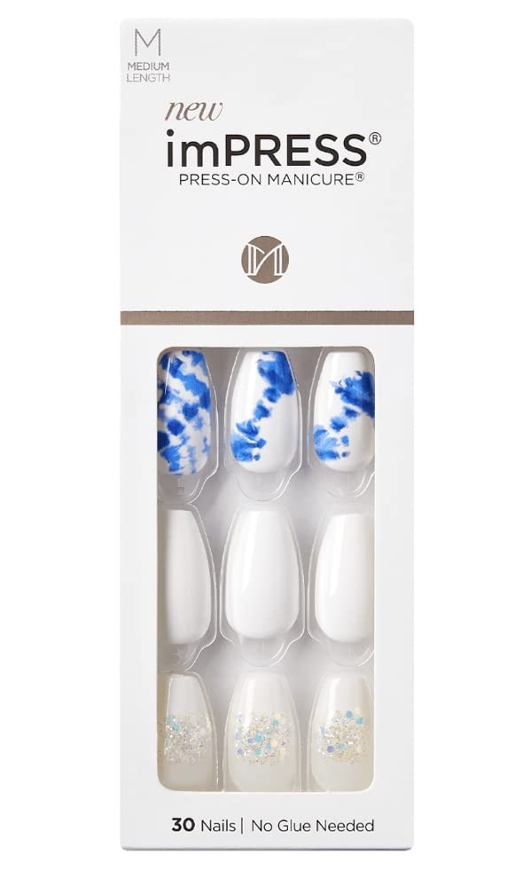 Kiss imPRESS Blue Tie-Dye Press-On Nails No Glue Manicure Medium Coffin Glitter