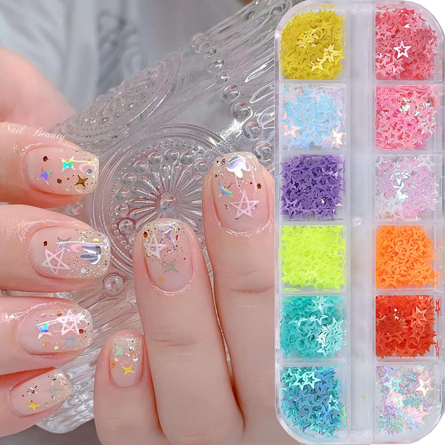 Hollow Stars Nail Art Sequins, 3D Colorful Hollow Five-Pointed Star Nail Glit…