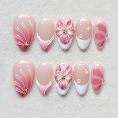 30Pcs Pink Press on Nails Almond Medium French Tip Fake 3D Flower Nail Art – 6