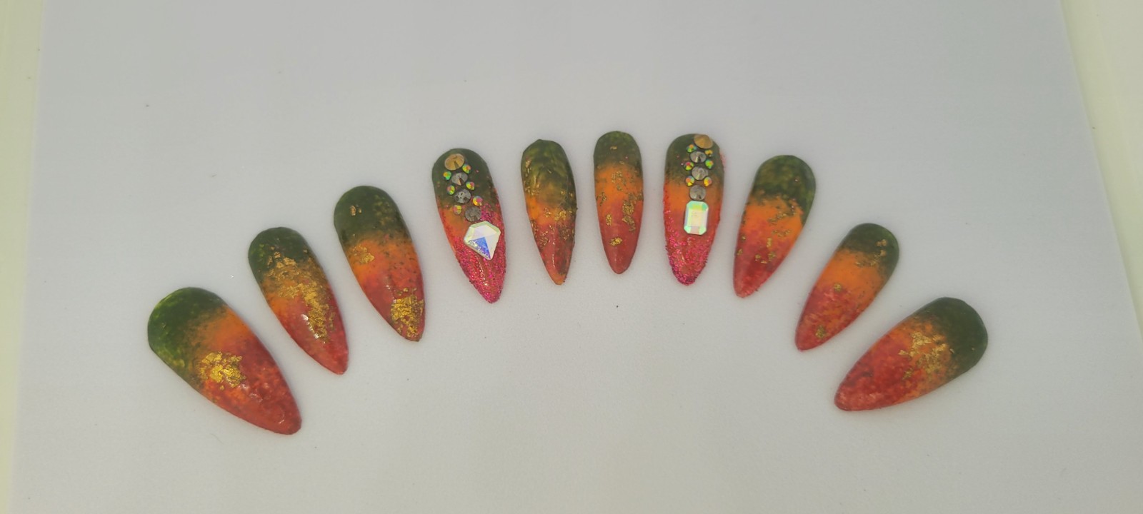 KFN ​Press On Nails| Rasta Ombre Almond Gel Glass Finish Gold Swarovski Design