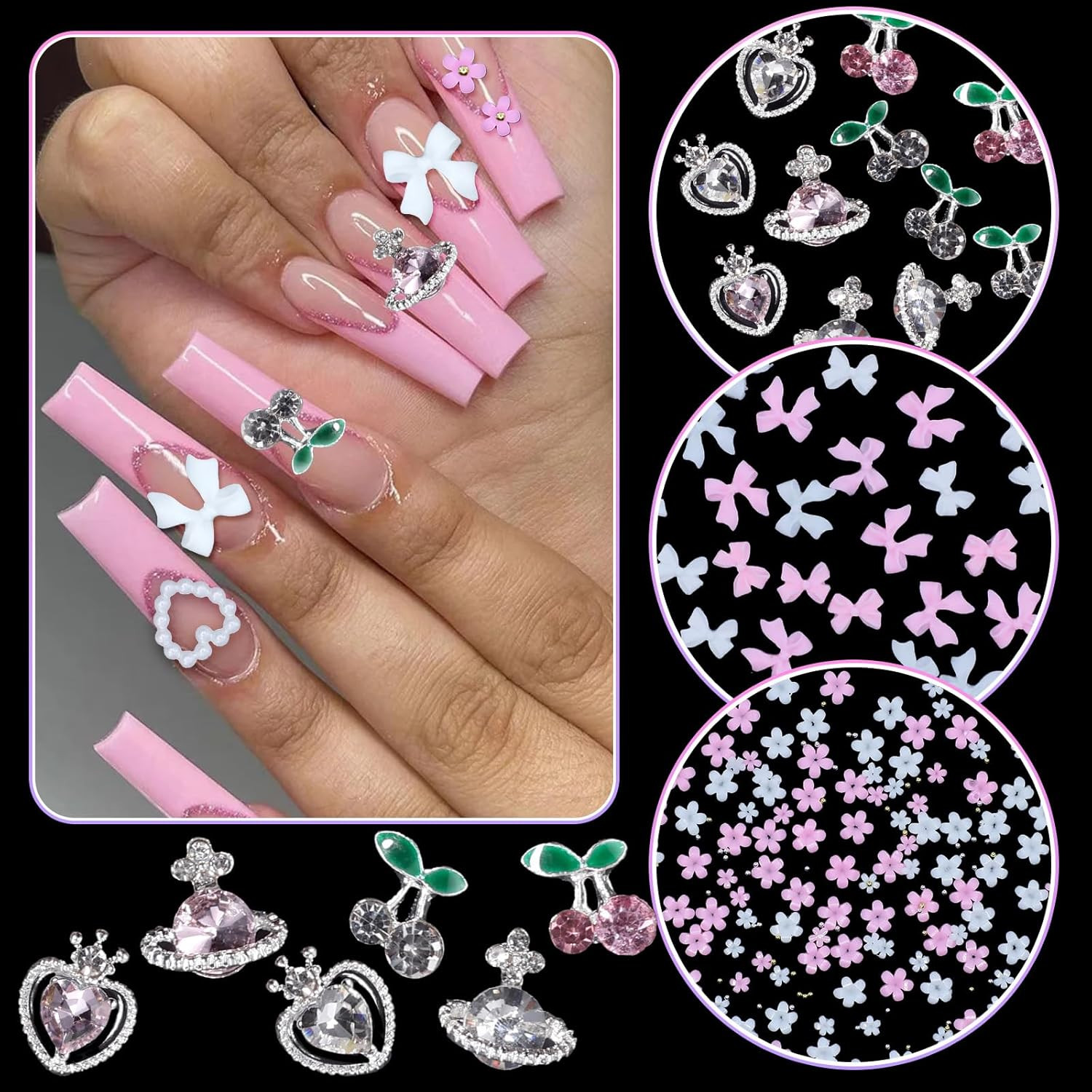 3D Nail Charms and Gems Rhinestone Cherry Heart Planet Nail Charms, Junk Case Ch