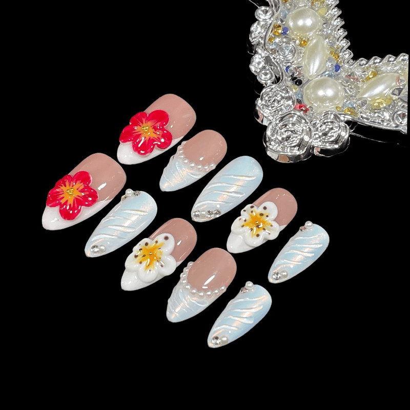 Handmade 3D Flower Pearl Rhinestone Press on Nails Medium Almond Nude Blue Ombre