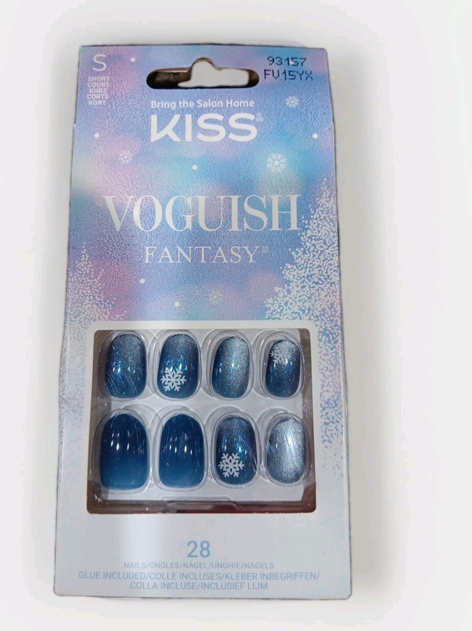KISS Voguish Fantasy Press on Nails, Merry Clause, Blue, Short Oval, 28 Count