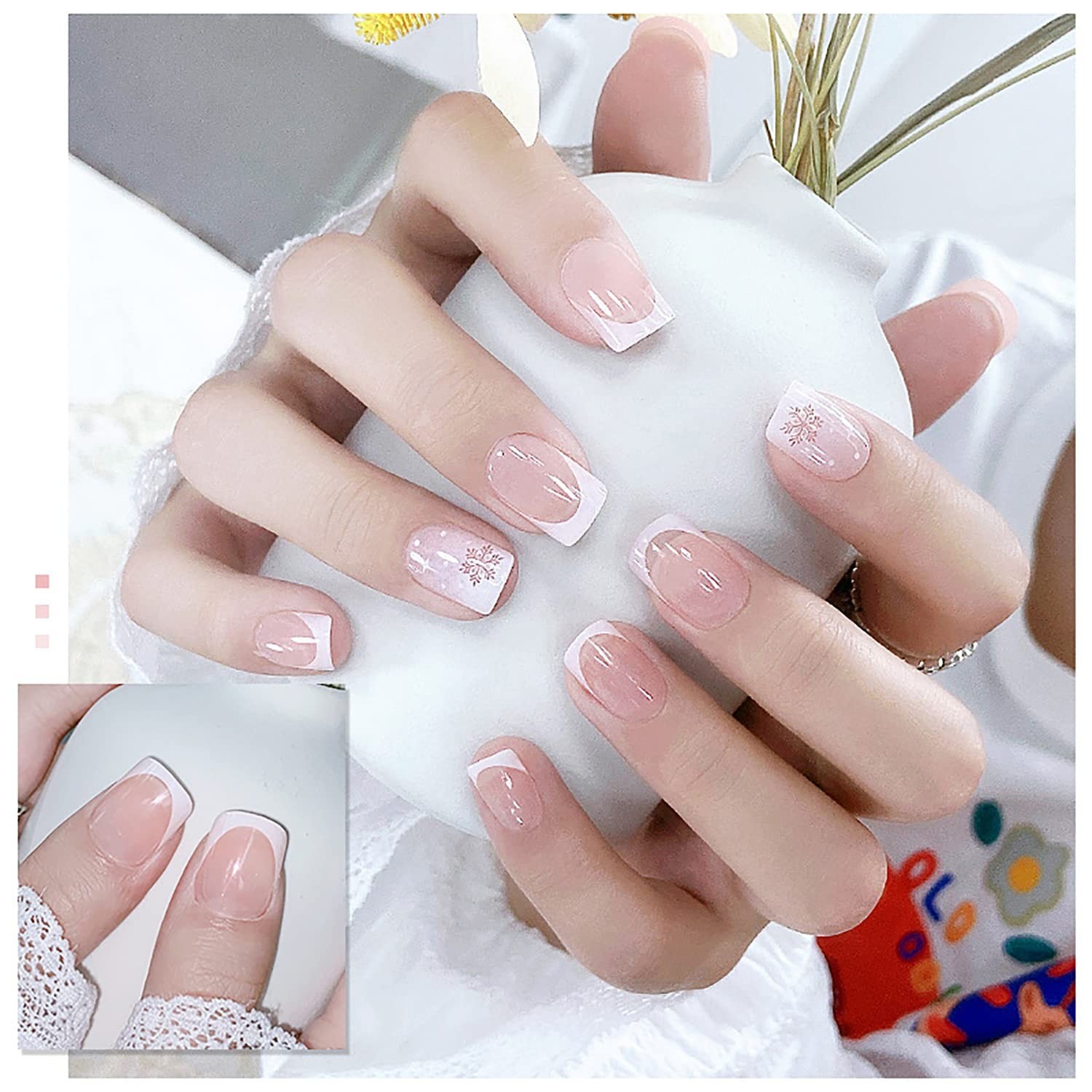 Christmas Press On Nails – Short Square Fake Nails with French Tip Acrylic, C…
