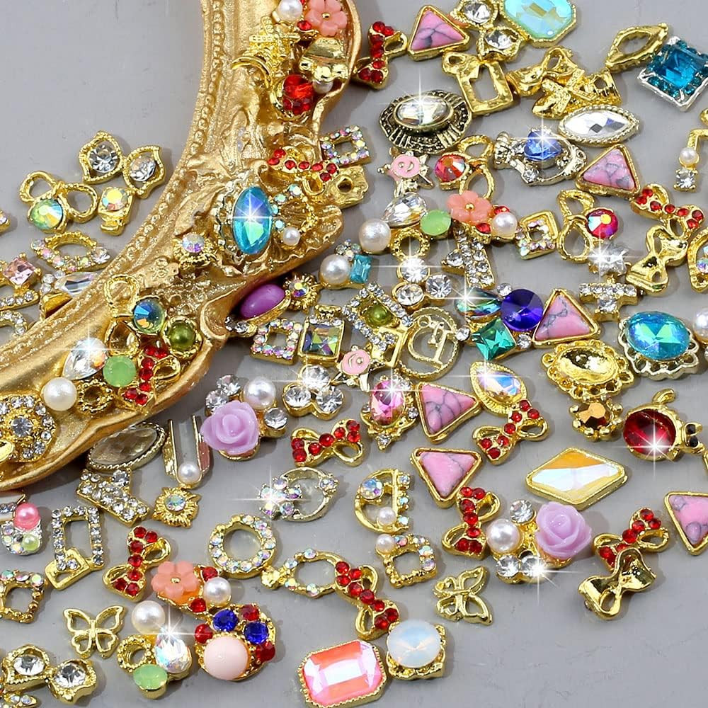 50Pcs 3D Gold Nail Charms for Acrylic Nails Mix Styles Rhinestones for Nails Met