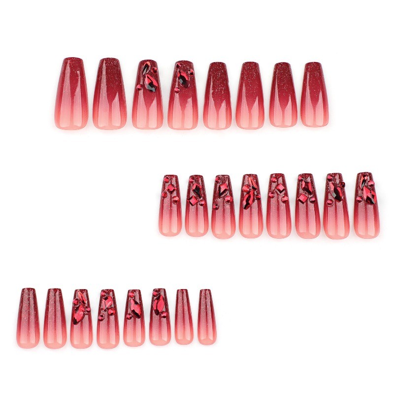 24pcs-Press on Nails Red Ombre Glitter Crystal Rhinestone Long Coffin Nail Set