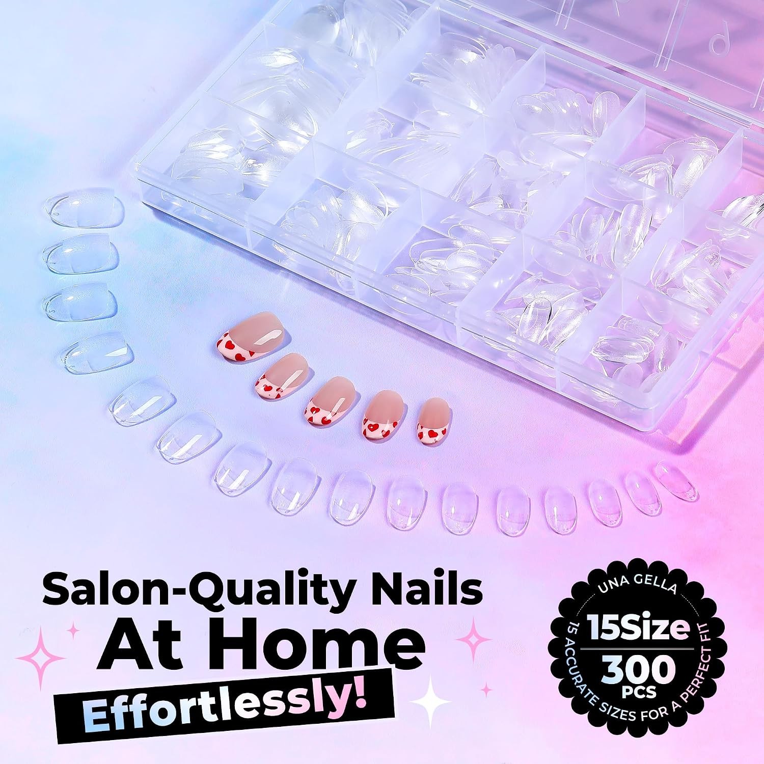 UNA GELLA Oval Gel Nail Tips Short 15 Sizes 300PCS, Oval, Transparent