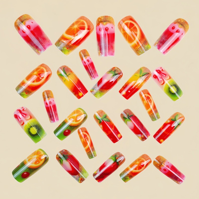 48 pcs of fresh fruit transparent fake nails – removable nails, daily nail art