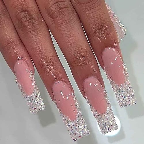 Square Press on Nails Long French, Pink Fake Nails Acrylic Black False Nails 3