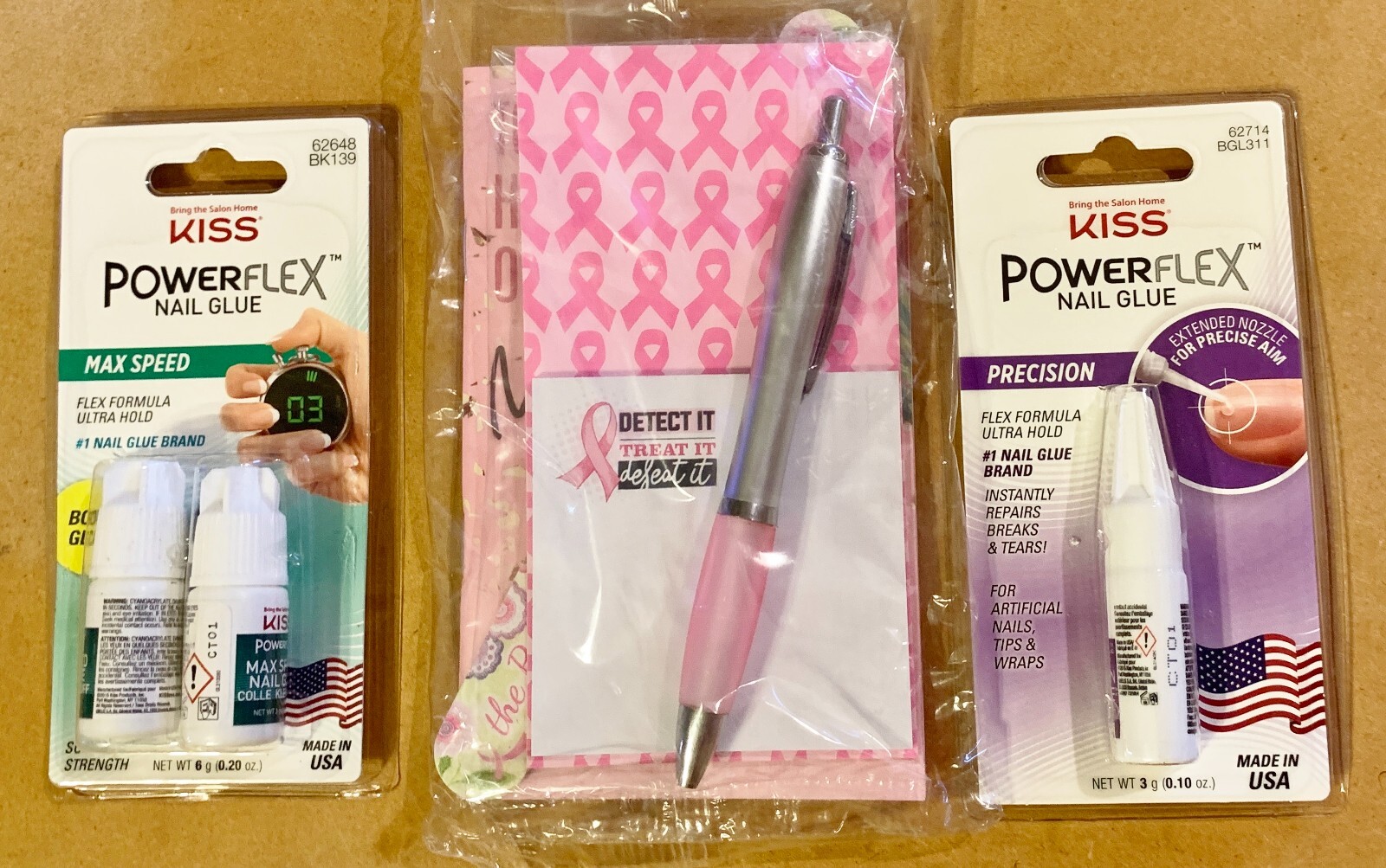 2 Sealed Pkgs Kiss Powerflex Nail Glue-Precision & Max Hold+Breast Cancer Items