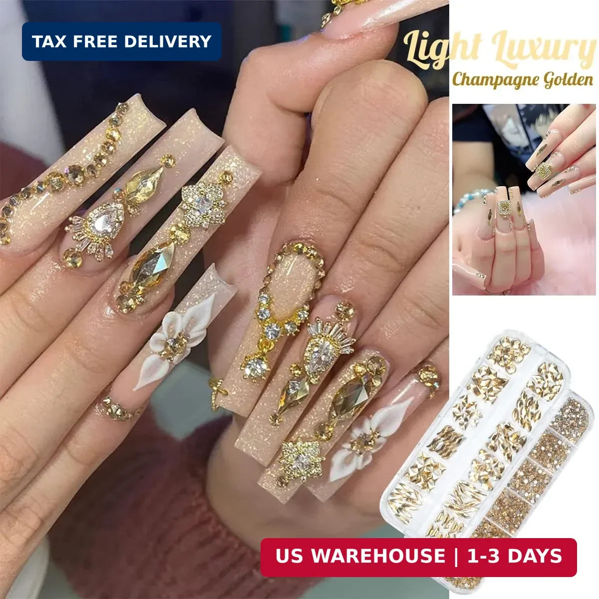qiipii 4080Pcs Champagne Golden Nail Rhinestones Flatback Gold Crystals Gems Rou