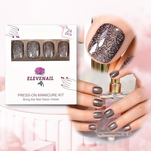 Medium Length Press on Nails False Nails Full Cover Short Fake Dark Brown