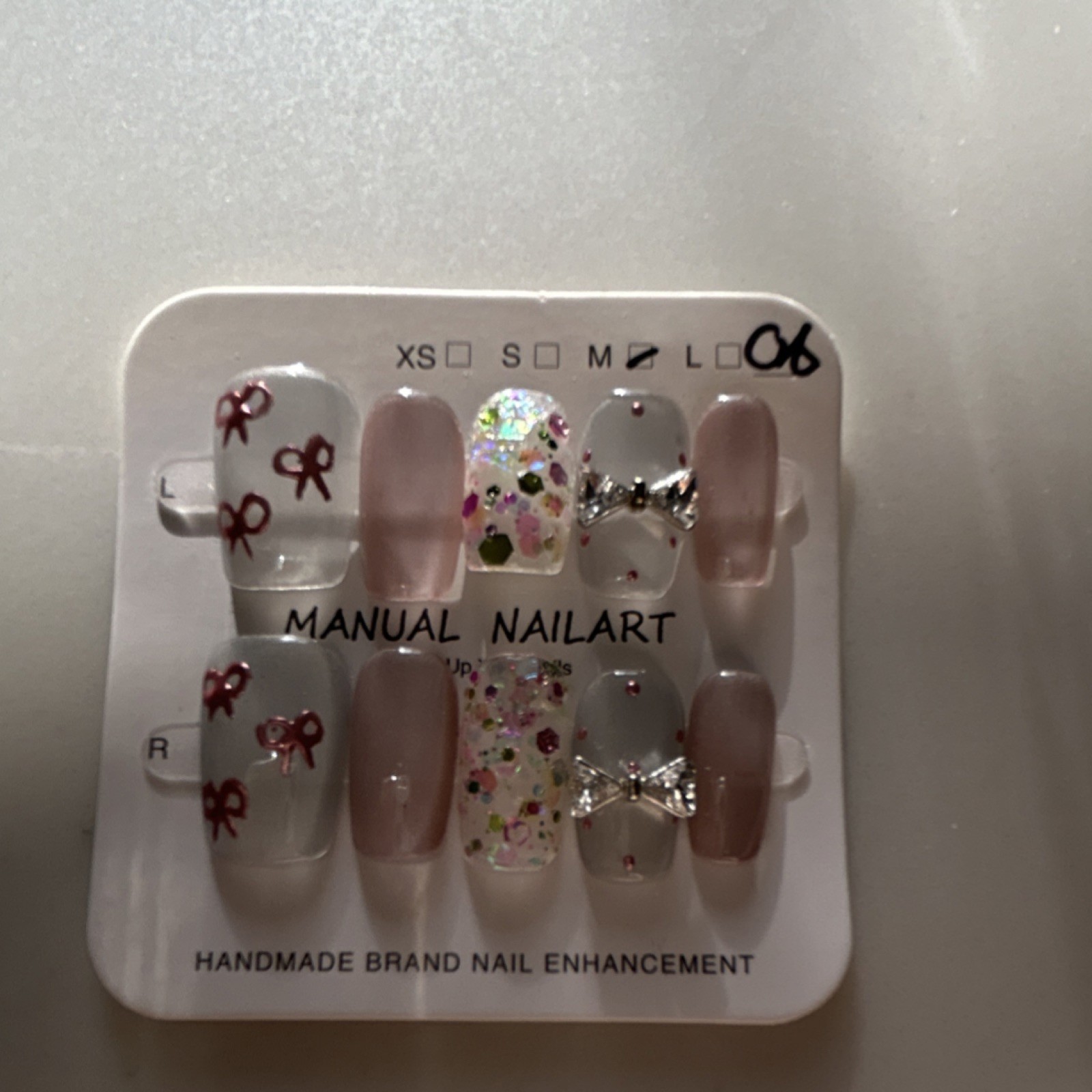 Manual Nailart Press-On Nails Medium Square Pink Glitter Bow 3D Full Cover Set