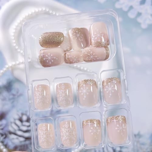 Short Square Press on Nails Winter Snowflake Acrylic Nails Glitter Gold Style 4