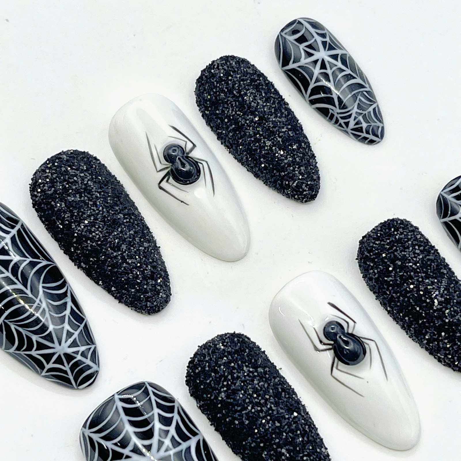 Custom Handmade Black Glitter Spider Web Almond Halloween Press on Nails