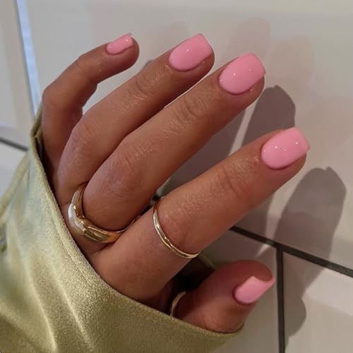 48 Pcs Baby Pink Press on Nails Short Length, Acrylic Solid square baby pink