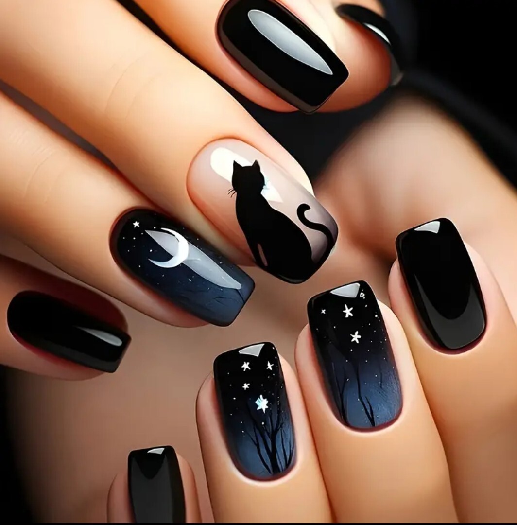 24pcs Halloween Glossy Short Oval Fake Pink & Black French Style Star Moon Cat
