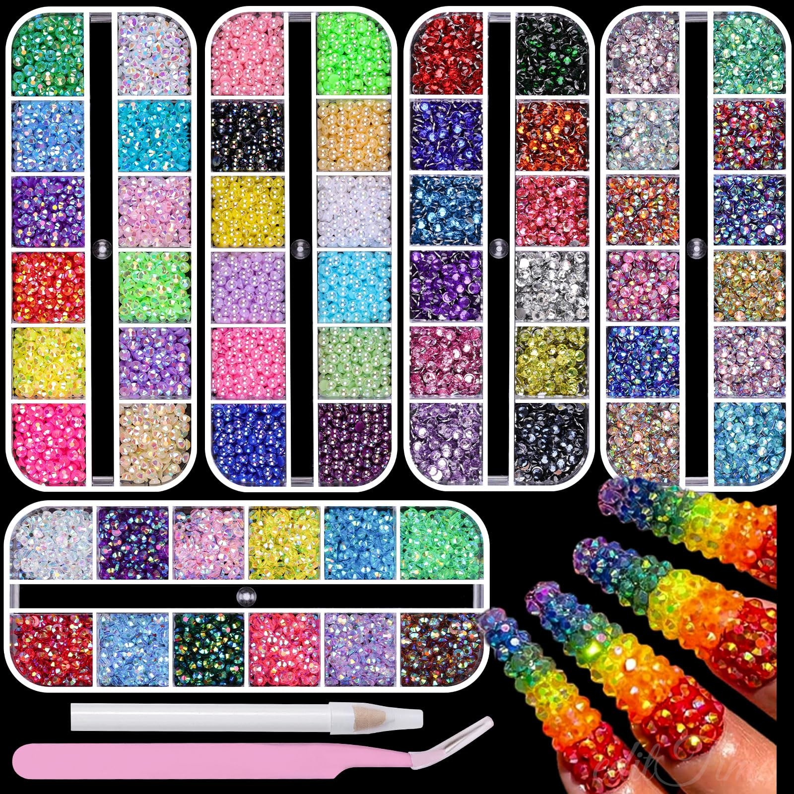5 Boxes 9000pcs Sparkling Crystal Nail Rhinestones Pearls Kit, Flatback Multi…
