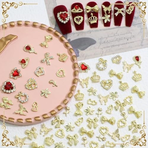 96PCS Gold Bows Nail Charms Red Heart Gems Nail Art Charm Nail Jewels Gold&Red