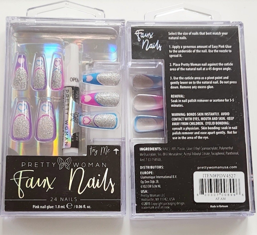 NWT PRETTY🦋WOMAN FAUX NAILS LONG GLITTERY COLOR FRENCH HEARTS+ GLUE!