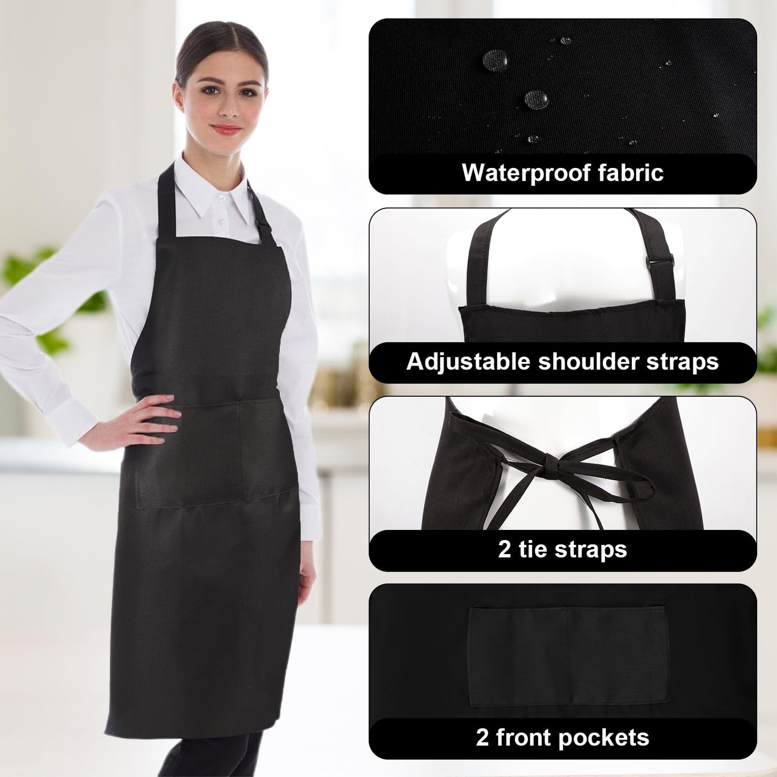 12Pcs Bib Aprons Bulk,Adjustable Black Apron with 2 Pocket,Waterproof Kitchen…