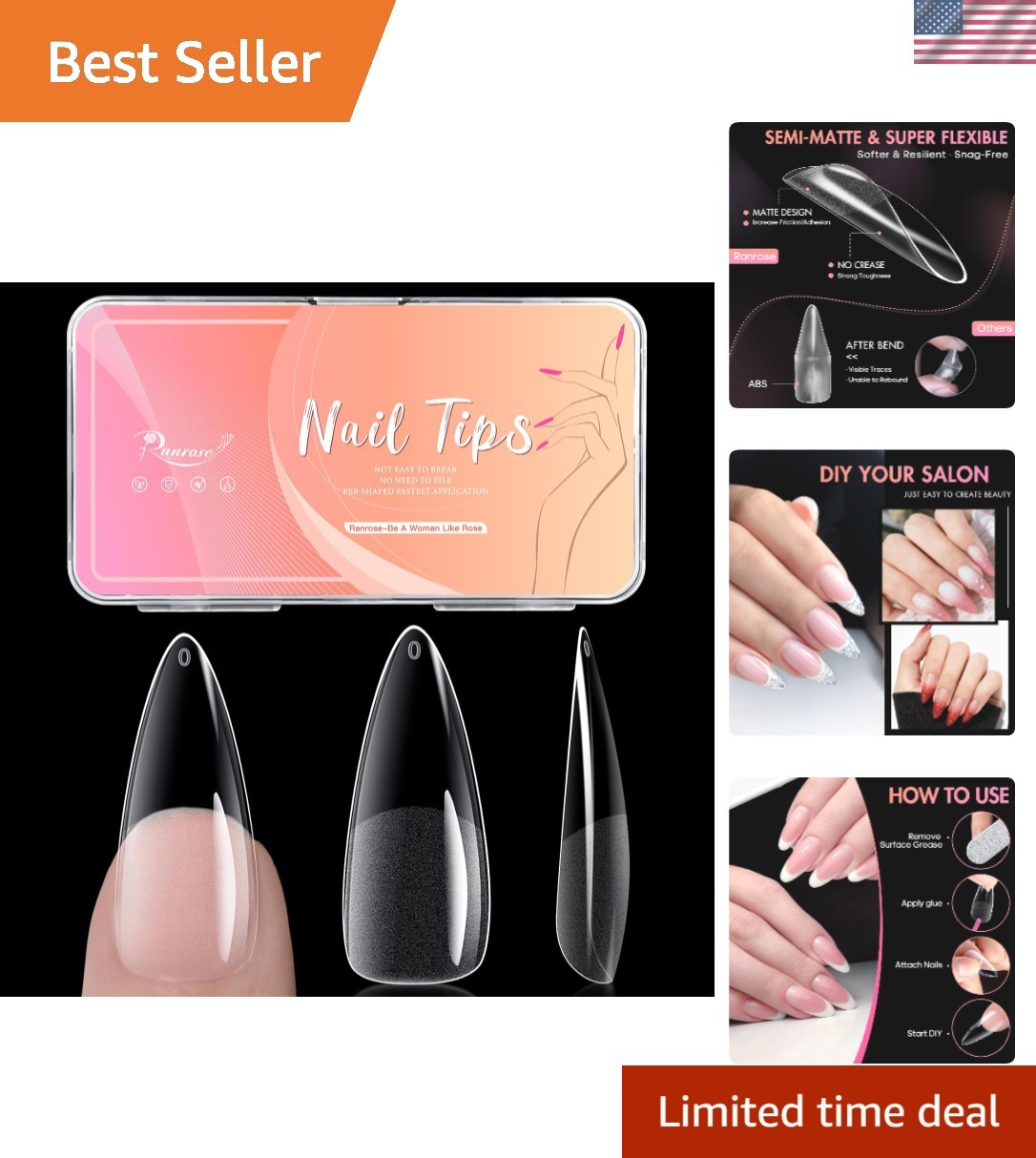 Durable Half Matte Long Almond Nail Tips – 240 Pieces for Perfect Manicures