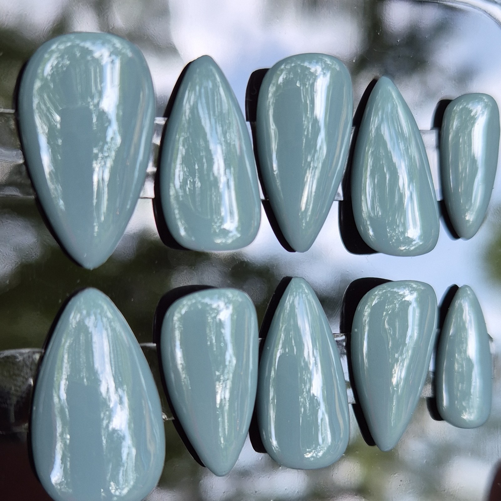Gray-Blue Shiny Almond Medium Press-On Nails Set Pre-Designed Full Cover