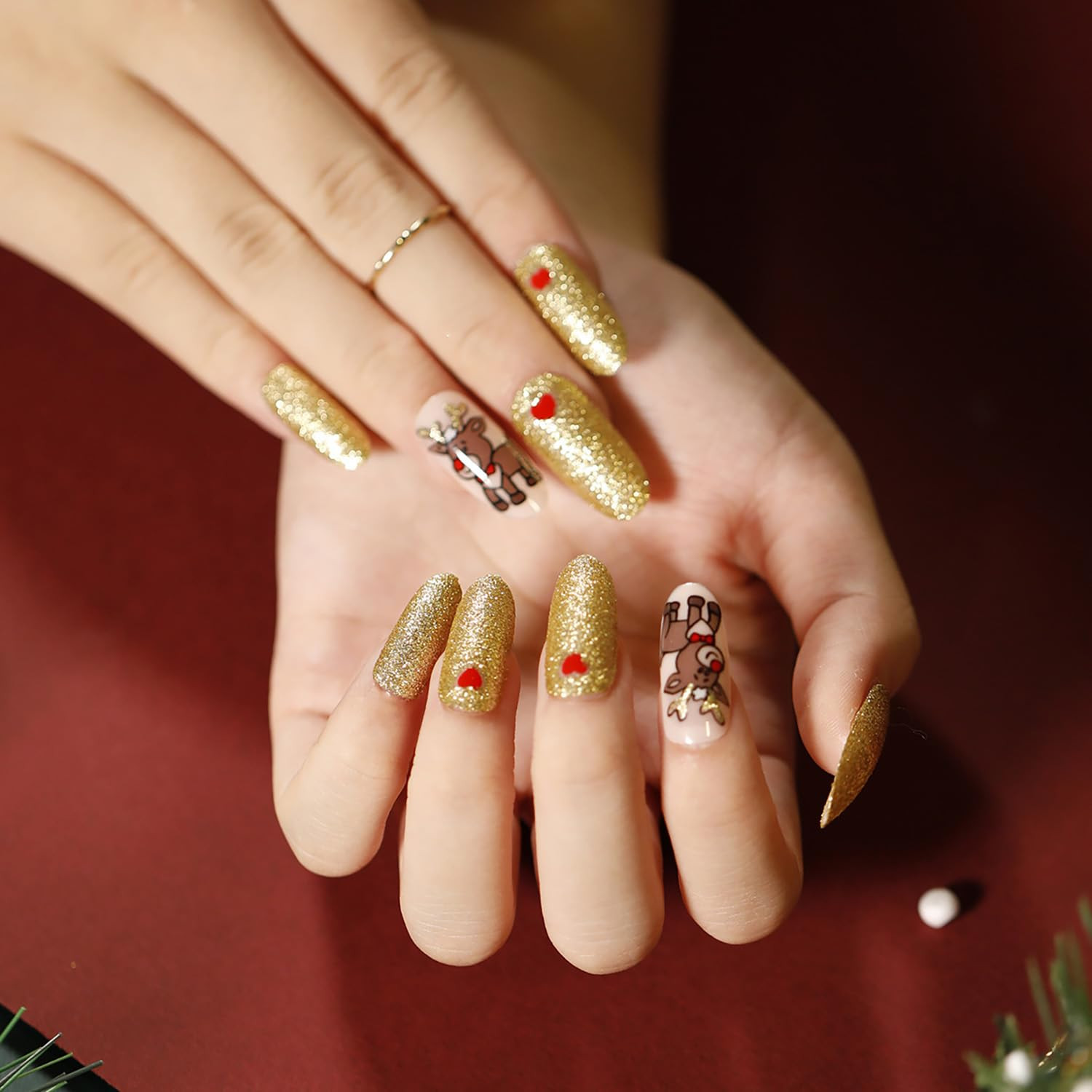 Christmas Press on Nails Oval Long Length, 24Pcs Gold Artificial Winter Fake Nai