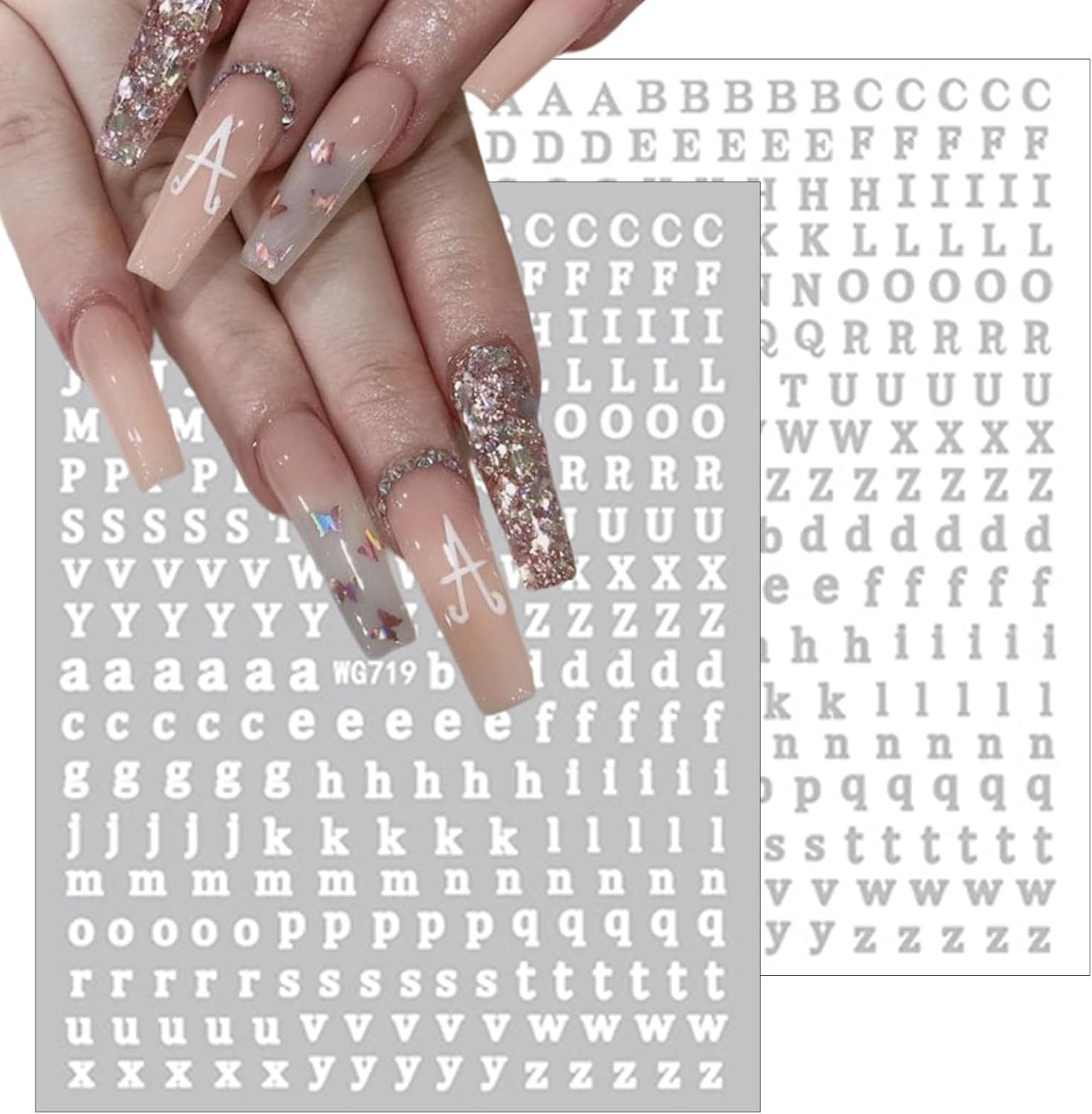 8Sheets Letter Nail Art Stickers 3D Self-Adhesive Laser Alphabet Nail Stickers