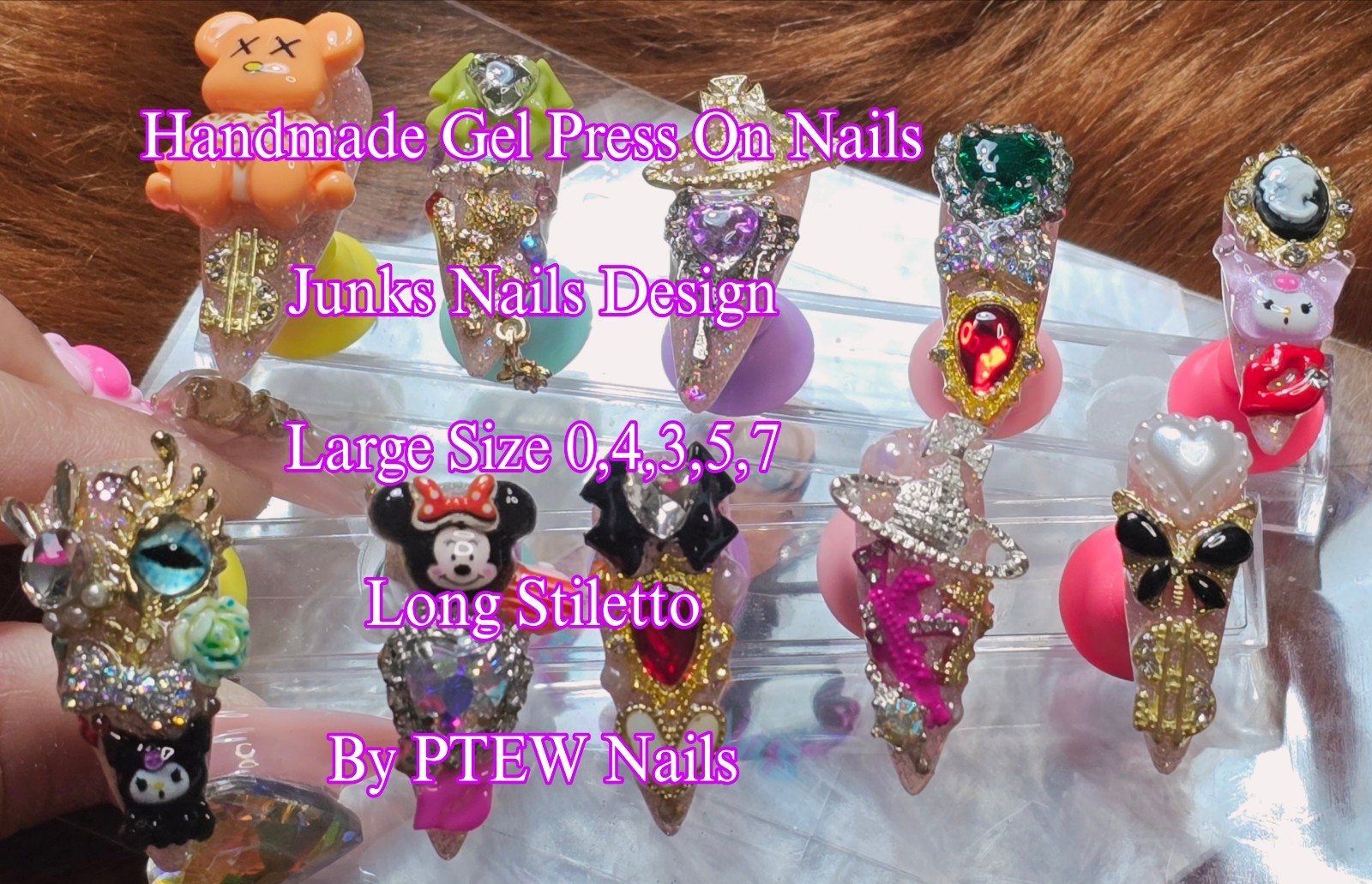 Handmade Gel Press On Nails,Junkie Nails, Large Size 0,4,3,5,7 Long Stiletto