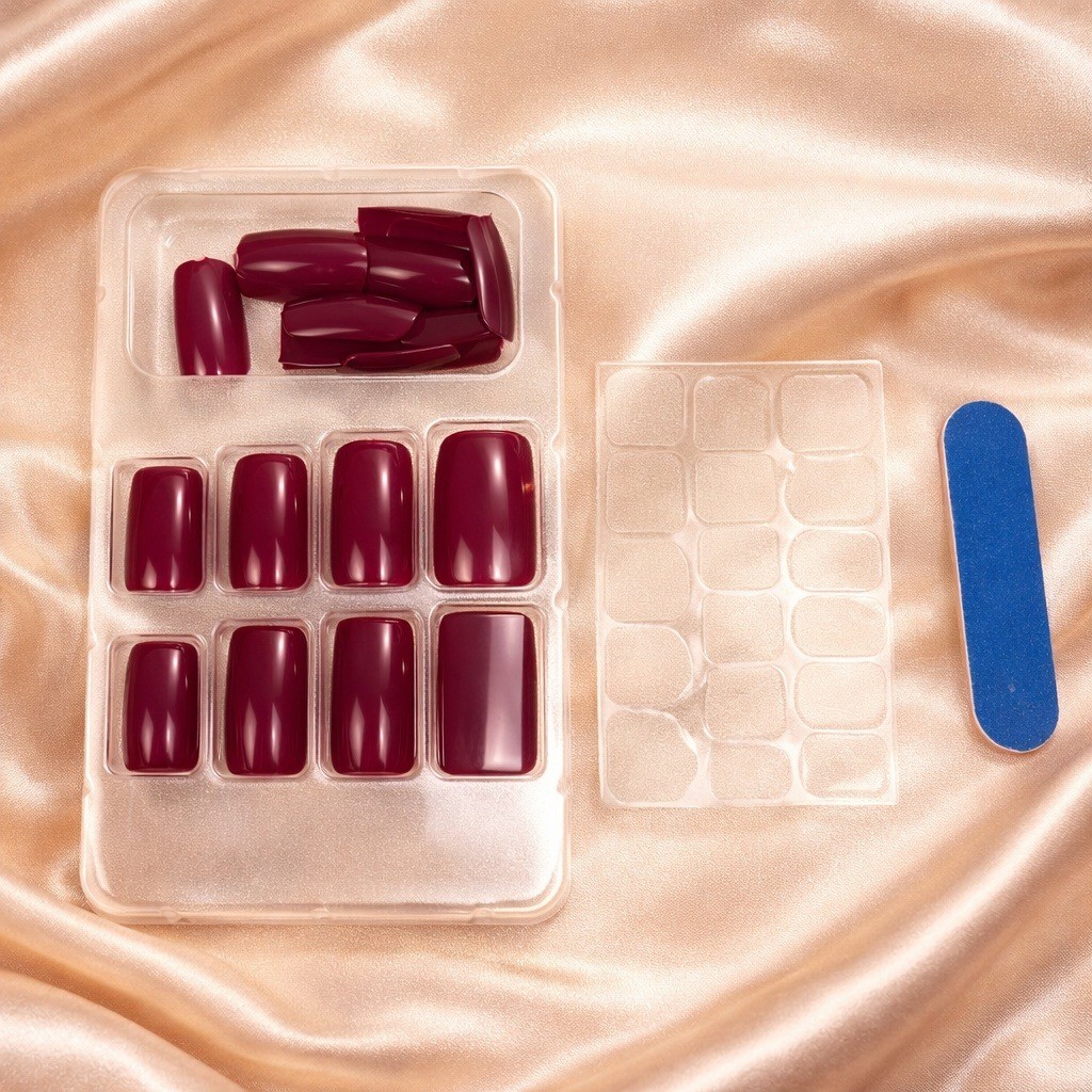 Burgundy Press On Nails Glossy Medium Coffin Reusable Fake Nail Set