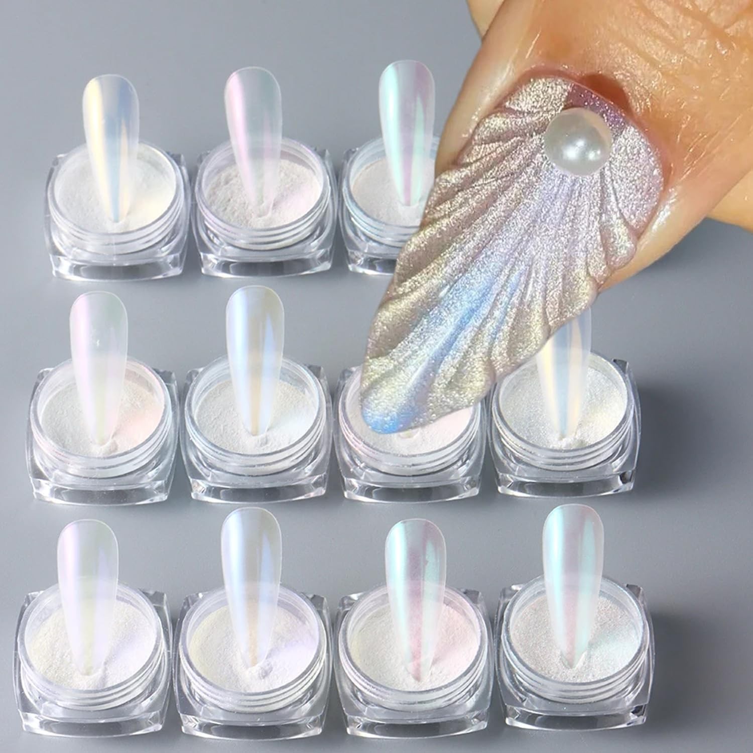 WOKOTO 12 Colors White Pearl Chrome Nail Powder for Art, Multi-Color