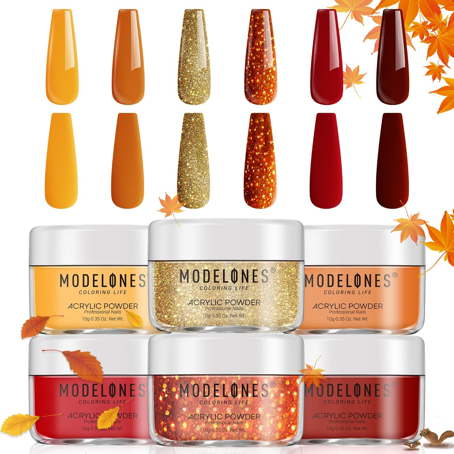 MODELONES 6 Colors Acrylic Powder, Fall Autumn Acrylic Nail Powder Gold Red Yell