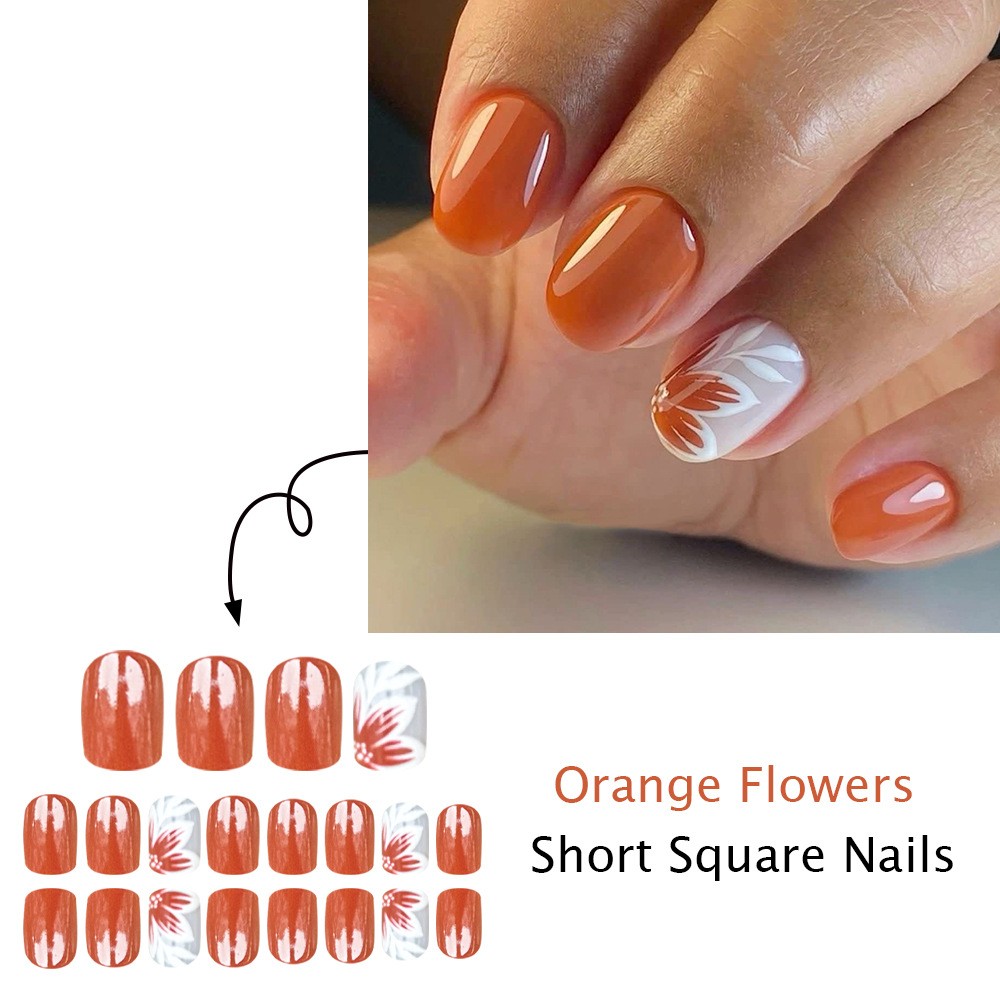 48pcs-Burnt Orange Press on Nails, Short Round Hand-Painted Flower False Nails