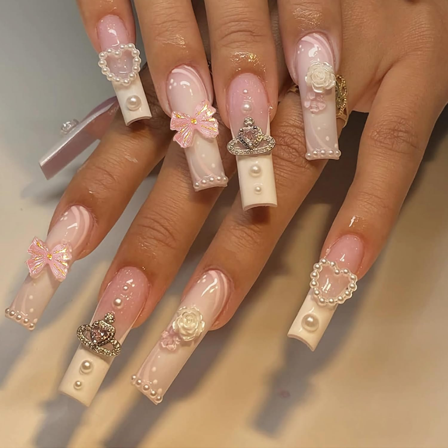 Press on Nails Long Pink False Nails Inlaid with Heart-Shaped Pearls, White Rose