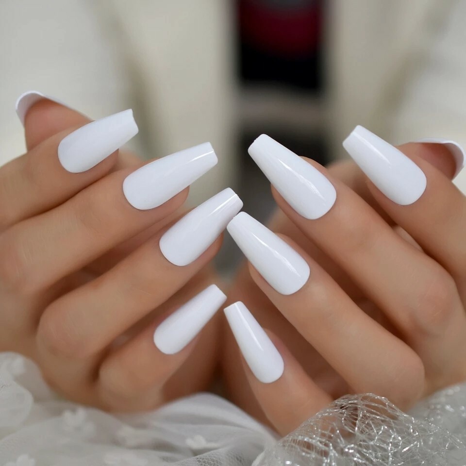 White Press On Nails Glue On Matte or Glossy Long Coffin 24