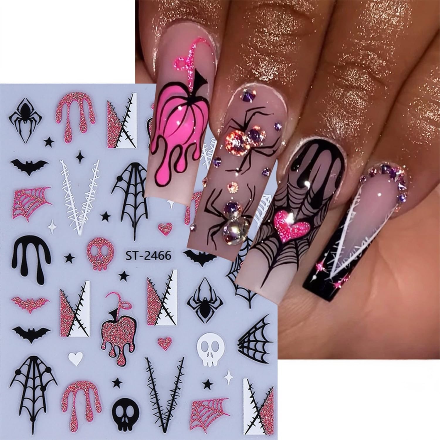 6 Sheets Halloween Nail Art Stickers Decals Pink Glitter Spider Blood Pumpkin…