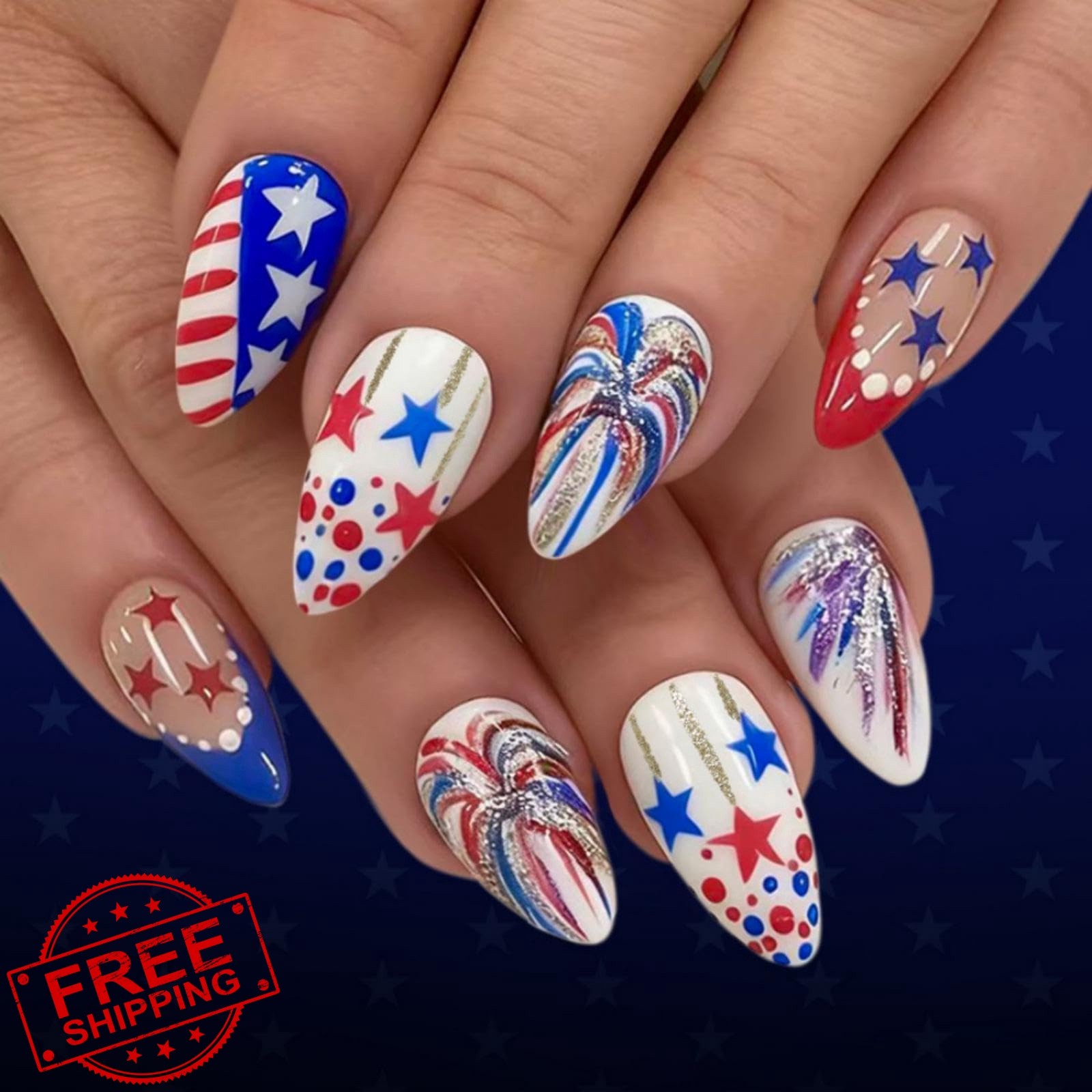 Independence Day Press on Nails Medium Almond Fake Nails with Star Design Glo…