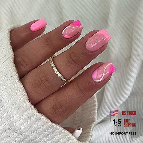 Hot Pink Square Shape Nails Design – Short French Press on Nails – Design