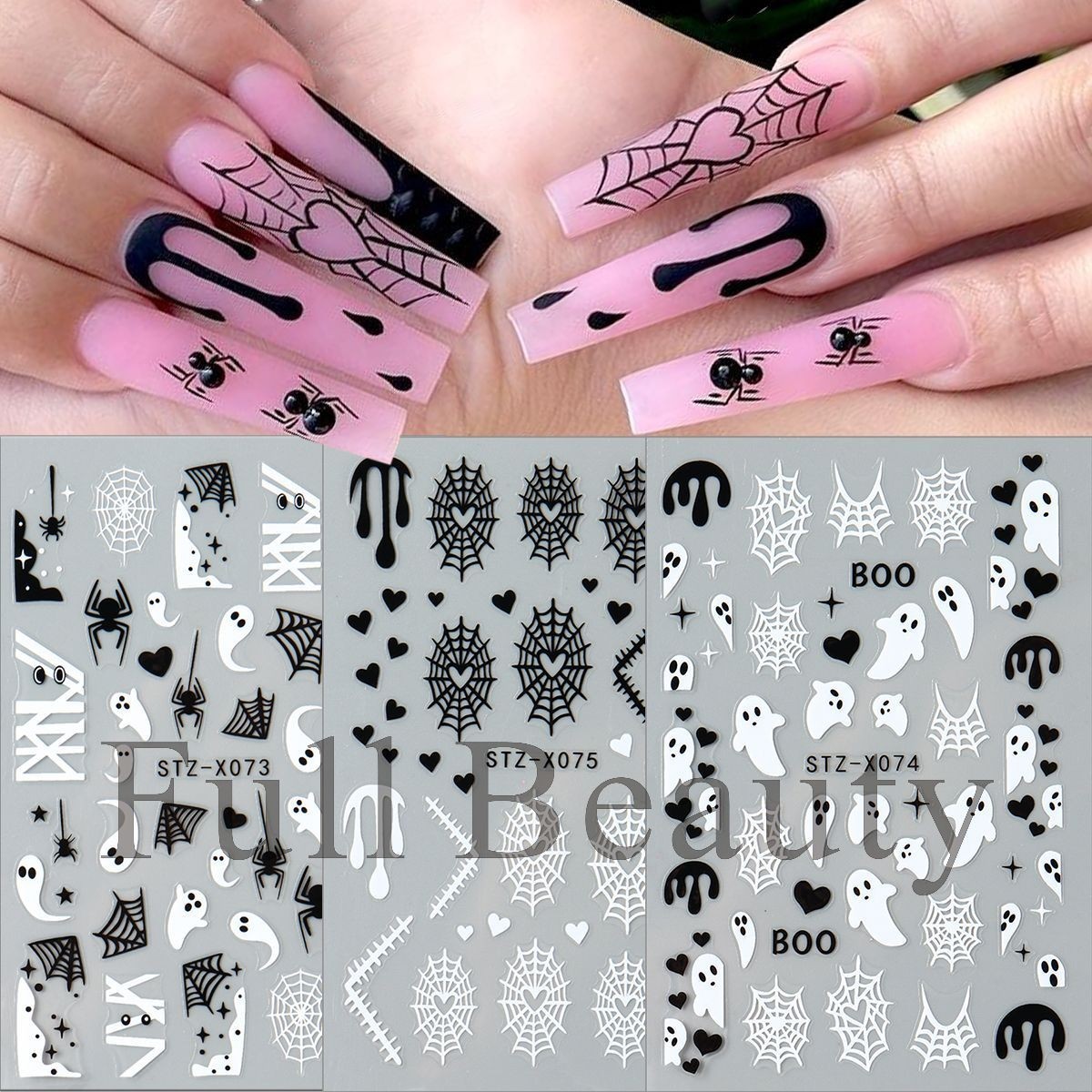 Halloween Nail Art Stickers Black White Spider Web Blood Star French Decals NH30