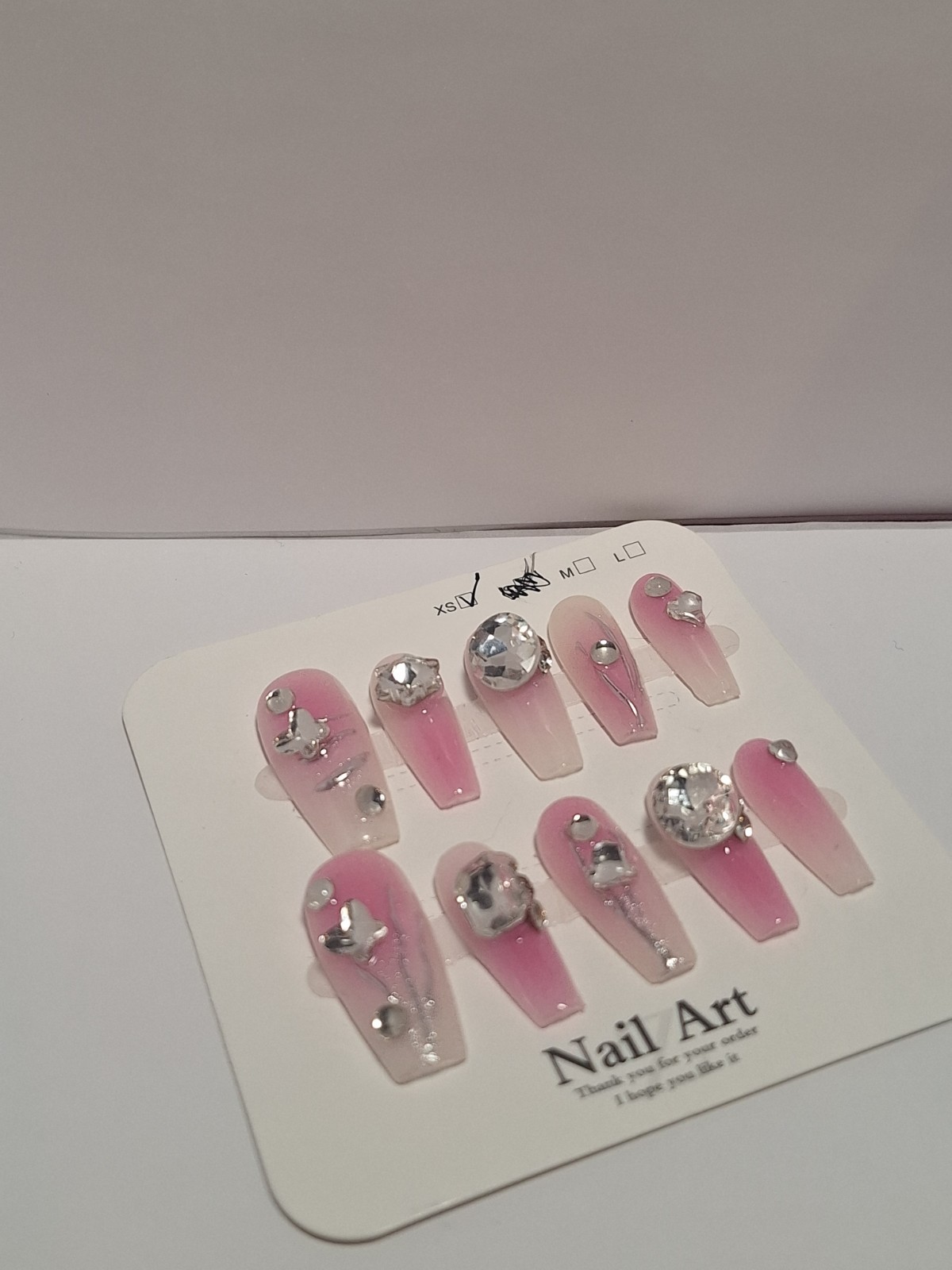 XS Press-On Nails Pink White 3D Shiny Coffin Sparkle Full Cover Pre-Designed